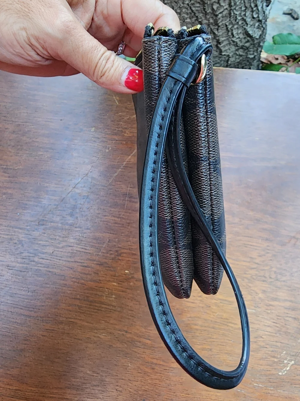 Coach Corner Zip Wristlet in Signature Canvas Brown Black Clutch Pochette